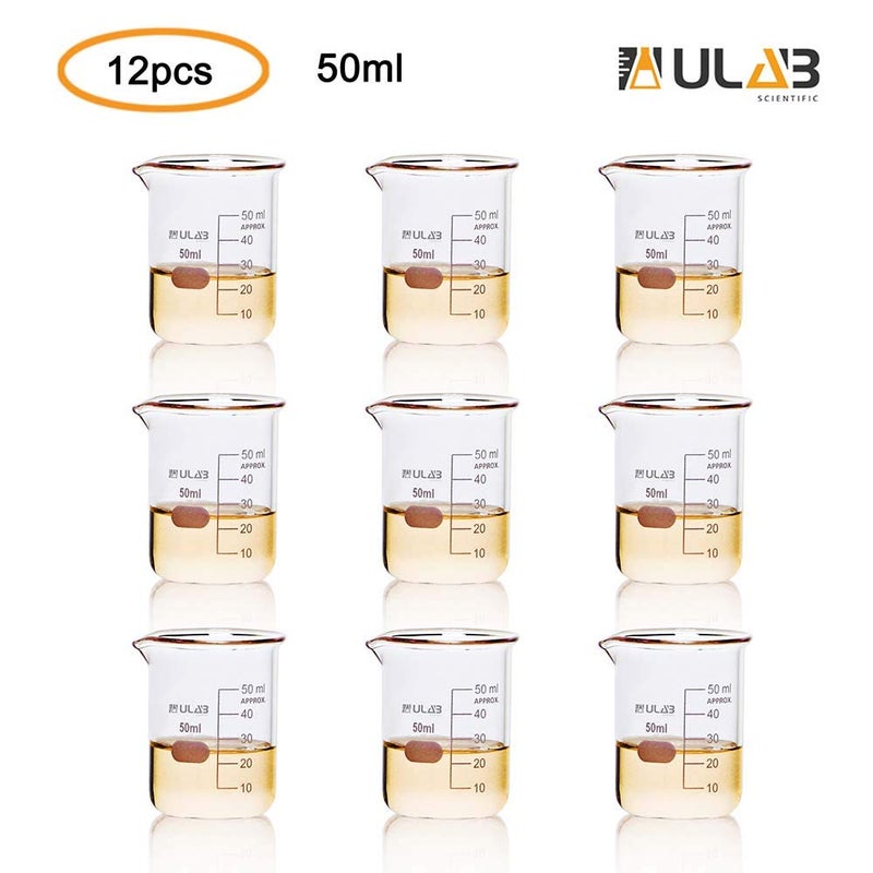 ULAB Scientific Glass Beakers Shot Glass, Vol. 50ml, 3.3 Borosilicate Griffin Low Form with Printed Graduation, Pack of 12, UBG1013 - Image 2